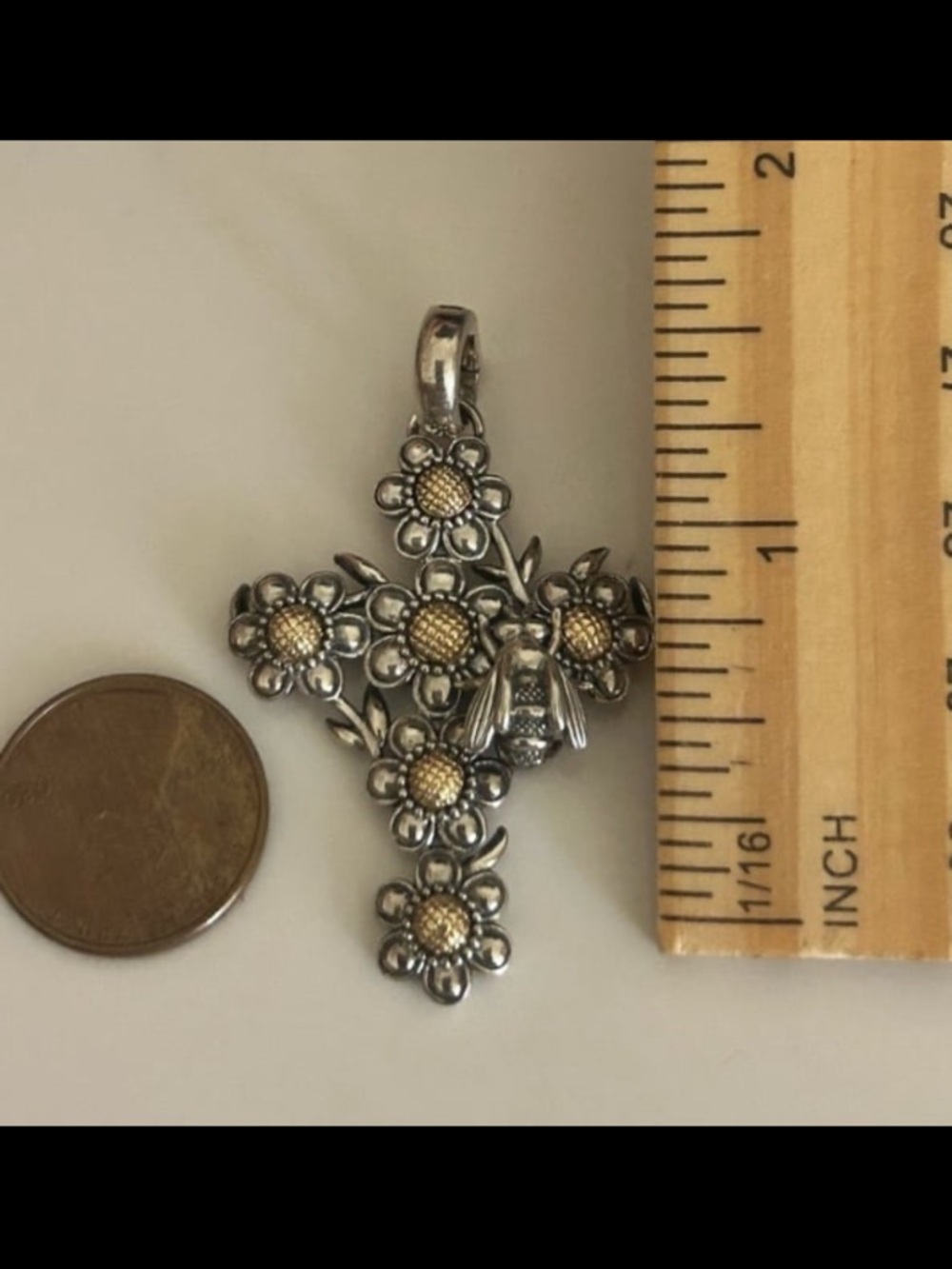 Barry Kieselstein KC Studio Silver 14K Gold Flower Bee Cross Enhancer Pendant - Picture 11 of 13